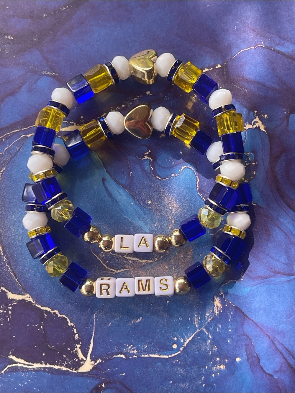 LA Rams Blue, Gold & White Beaded Stretch Bracelet Set – Team Letter Design